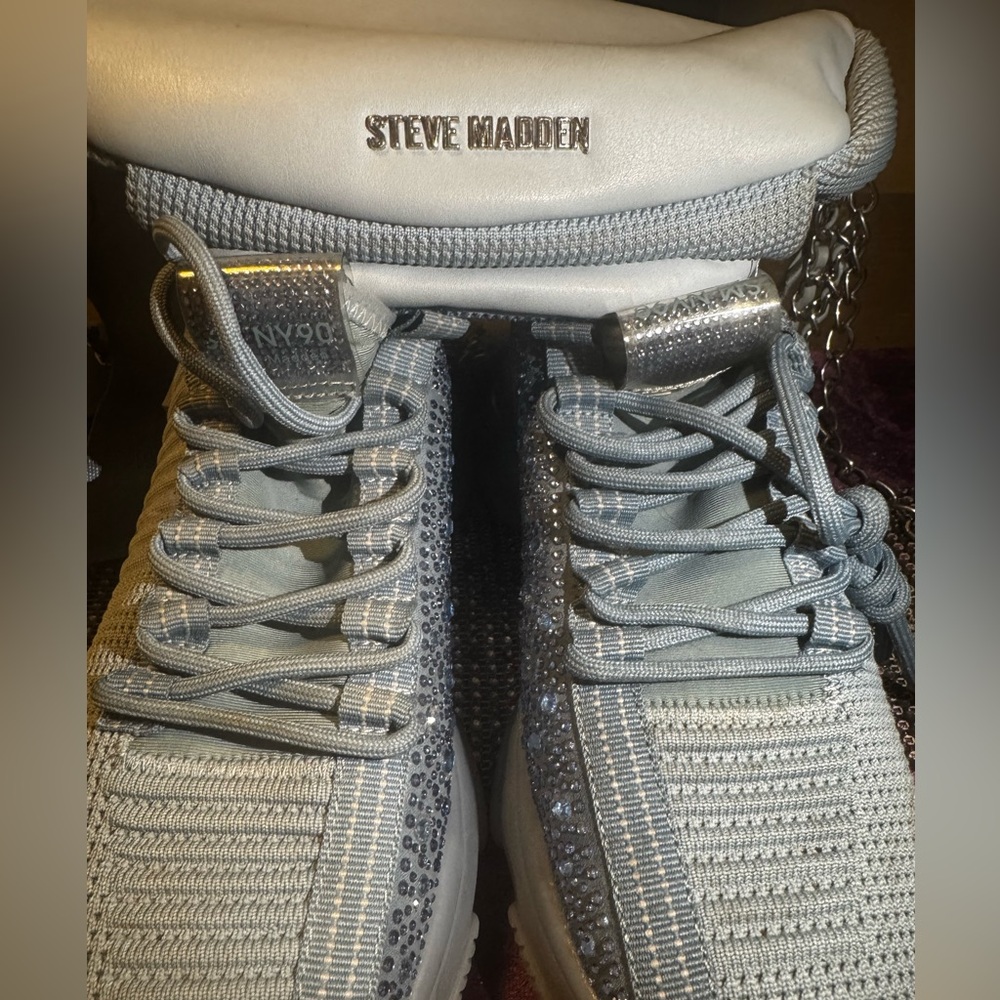 Steve Madden Baby Blue Crystal-Embellished Knit Sneakers & CrossBodyBag